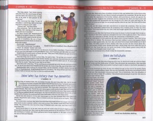 Sample pages of the Illustrated Holy Bible for Kids depicting passages from 2 Samuel 9-10 and an image titled "David is Kind to Jonathan's son, Mephibosheth" and another titled "David Sees Bathsheba Bathing."